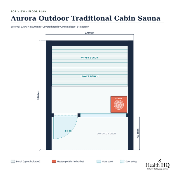 Aurora Outdoor Traditional Cabin Sauna top-down floor plan showing 2,400 x 3,000 mm external size and 900 mm covered porch