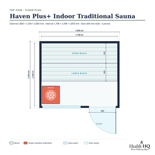Haven Plus+ Indoor Traditional Sauna floor plan with dimensions