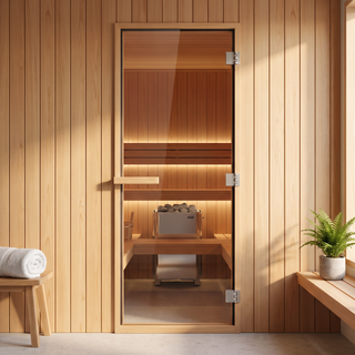 HealthHQ Glass Sauna Door installed on a home cedar sauna