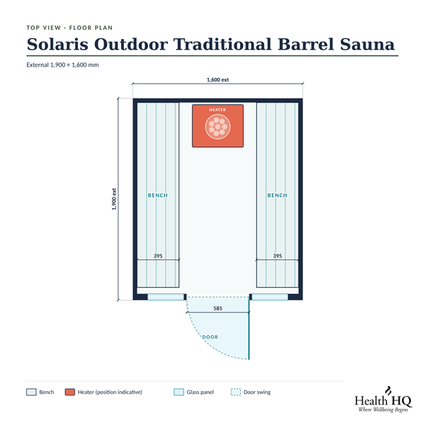 Solaris Outdoor Traditional Barrel Sauna floor plan with dimensions